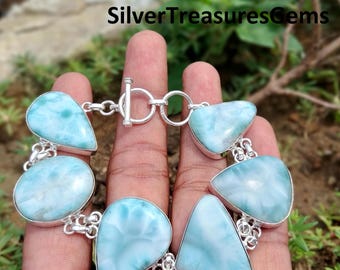 Larimar Gemstone Bracelet Natural Larimar Adjustable Chain Cuff 925 Sterling Silver Jewelry