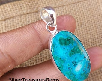 Handmade Malachite Chrysocolla Pendant: 925 Sterling Silver Gemstone Jewelry
