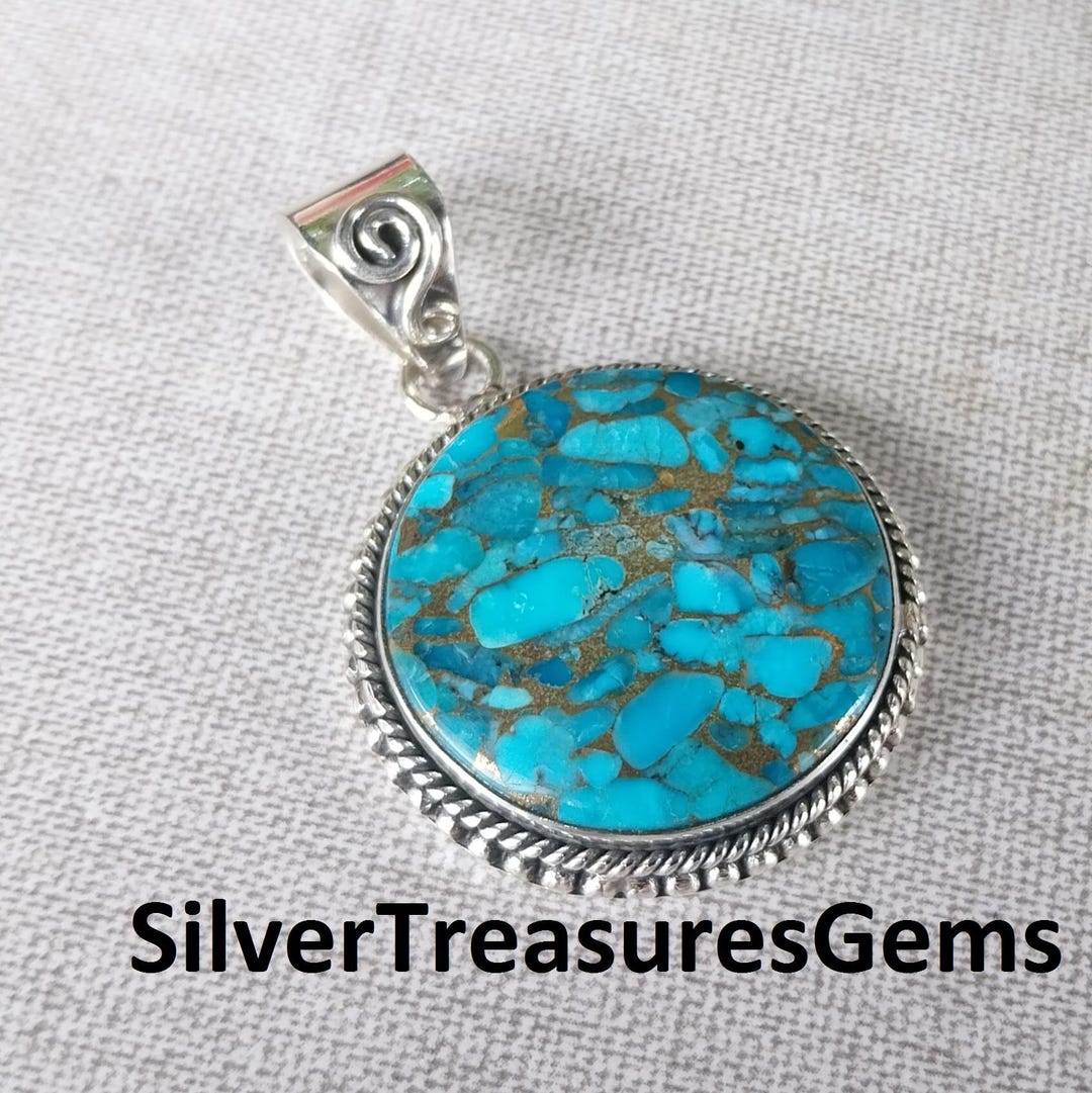 Blue Copper Turquoise Pendant: Handcrafted 925 Sterling Silver