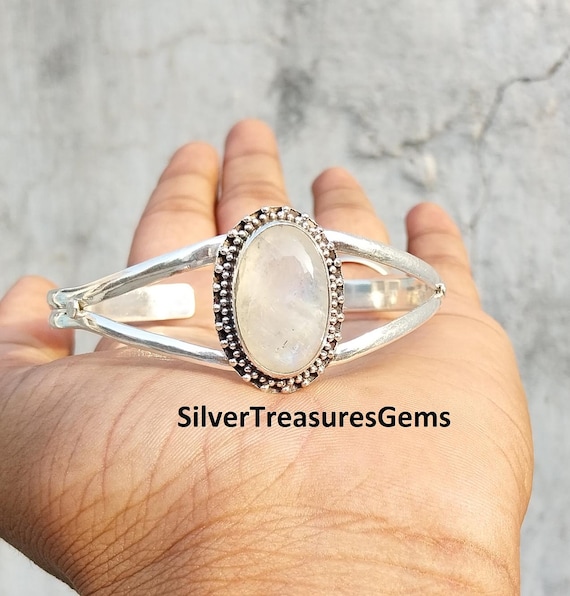 Bracelet Manchette En Argent 925 Avec Pierre De Lune - Fait Main, Réglable, Inde