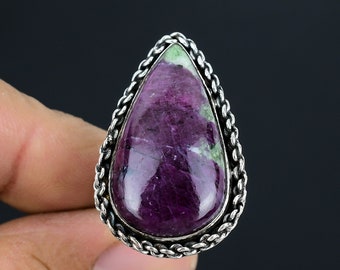 Bague Femme Zoisite Et Rubis Faite Main Taille 8.25 - Pierre Verte Cabochon, Plaquée Argent, Design Ancien