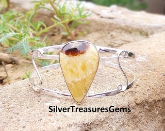 Bracelet En Argent 925 Avec Calcite Jaune - Taille 7-8 Pouces, Ajustable, Pierres Créées En Labo