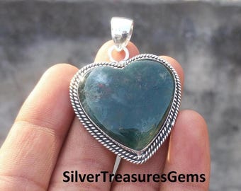 Handmade Moss Agate Pendant: 925 Sterling Silver Heart Necklace