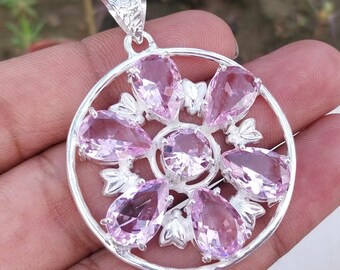 Pendentif pierre gemme à facettes kunzite rose, bijoux en argent sterling 925
