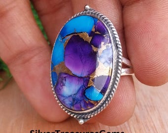 Purple-Blue Dahlia Turquoise Gemstone Ring Handmade Multi Colour Jewelry