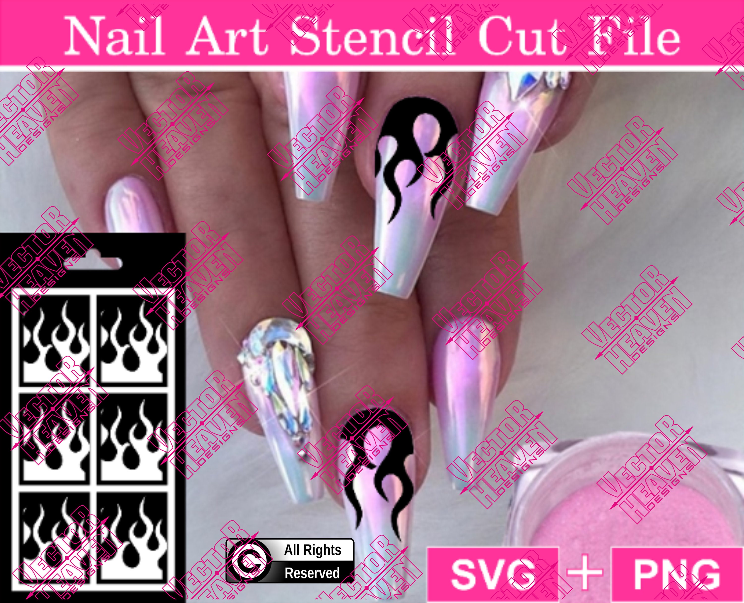 Download Flames Nail Art Stencil Template Svg Png Cut File Cricut Etsy