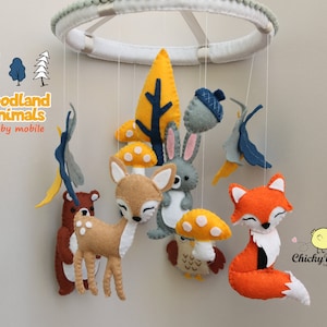 woodland nursery, forest baby mobile, felt animals