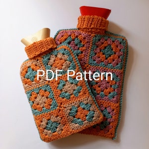 PDF Crochet Pattern, Granny Square Hot Water Bottle Cover, 2 Sizes 1 Litre and 2 Litre, UK Terms