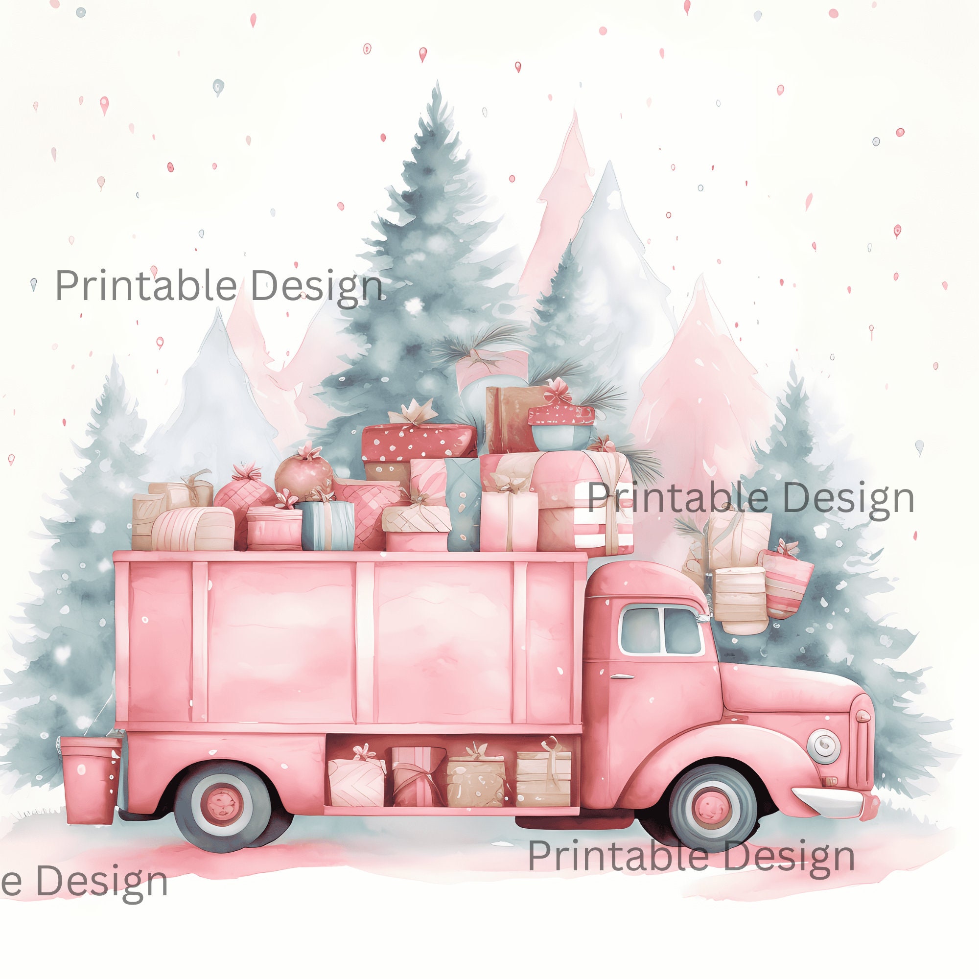 Christmas Truck 60 Jpgs, Watercolor Clipart Bundle, Pink Pickup Truck ...