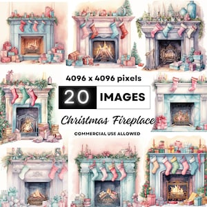Watercolor Christmas Fireplace Clipart Bundle, 20 JPG High Quality, Pastel color Christmas Decorations Clipart, Cozy Decorating Fireplace