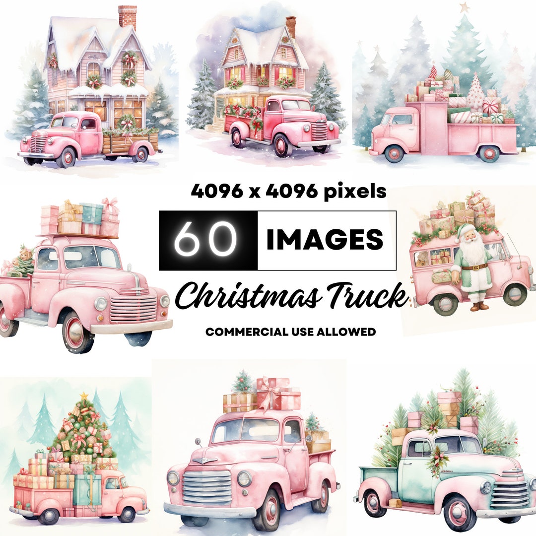 Christmas Truck 60 Jpgs, Watercolor Clipart Bundle, Pink Pickup Truck ...
