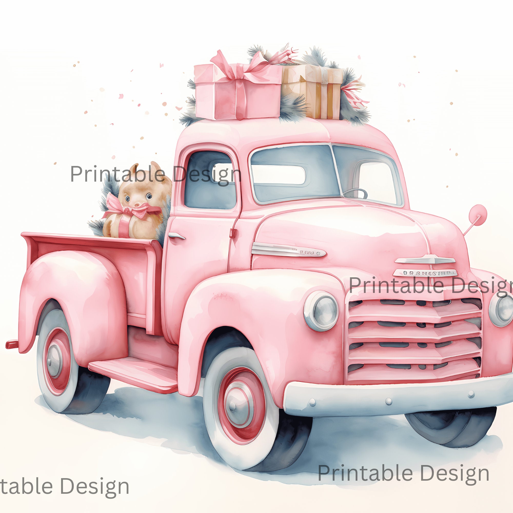 Christmas Truck 60 Jpgs, Watercolor Clipart Bundle, Pink Pickup Truck ...