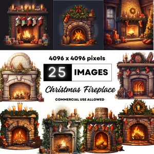 Watercolor Christmas Fireplace Clipart Bundle, 25 JPG High Quality, Pastel color Christmas Decorations Clipart, Cozy Decorating Fireplace
