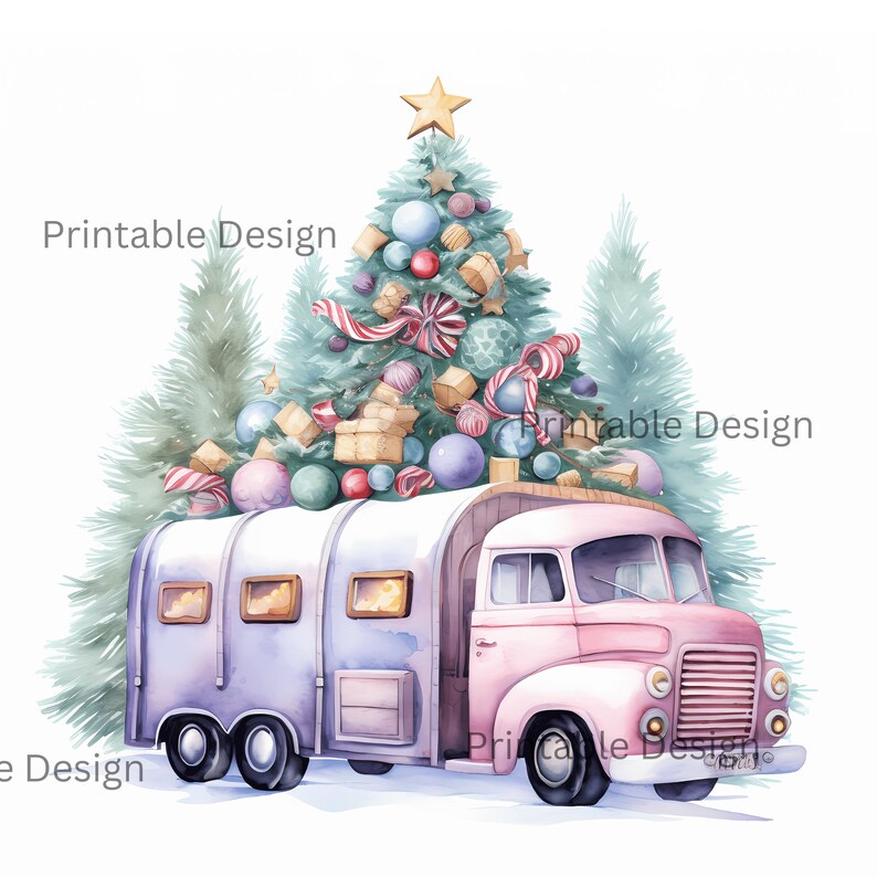 Christmas Truck 60 Jpgs, Watercolor Clipart Bundle, Pink Pickup Truck ...
