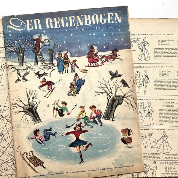 DER REGENBOGEN Die Zeitschrift für die Frau - Vintage Nähzeitschrift Modezeitschrift mit Schnittbogen - Januar 1955