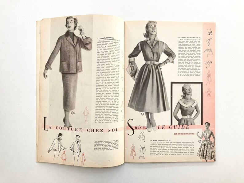 MODES & TRAVAUX französische vintage Modezeitschrift Handarbeitsheft mit Handarbeitsbogen Juli 1955 Bild 2