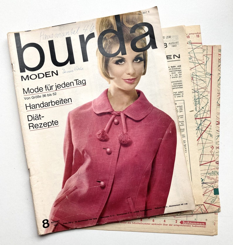 BURDA MODEN Vintage Nähzeitschrift Modemagazin mit Schnittmustern Heft Nr. 8 August 1963 Bild 1