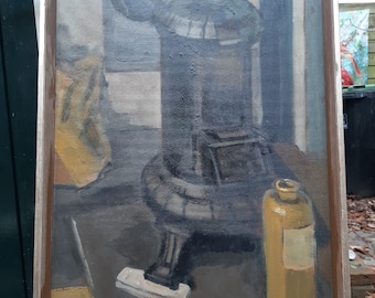 Unique painting | Stove | 50x73cm | Oil on plate, a masterful piece of work.