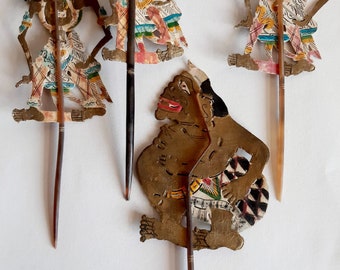 4 mini antique wayang kulit dolls, in 1 sale, for the traditional Javanese shadow play, Rama Shinta shadow puppets.