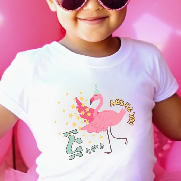 Personalized Ethiopian five year birthday girl tshirt, custom Amharic flamingo birthday habesha kids tshirt,  ten year girl birthday shirt