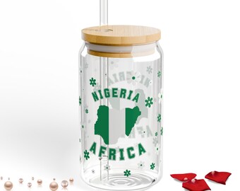 Nigeria flag glass sipper tumbler 16oz, Libby glass Patriotic gift for Nigerian mom dad wife aunt husband, Mothers fathers day Birthday gift