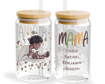 Custom Mama Glass Tumbler with Kids Name 16oz, Personalized Mothers Day Birthday Sipper Cup Gifts, Wife Aunt Sister Gift, African Glass Gift