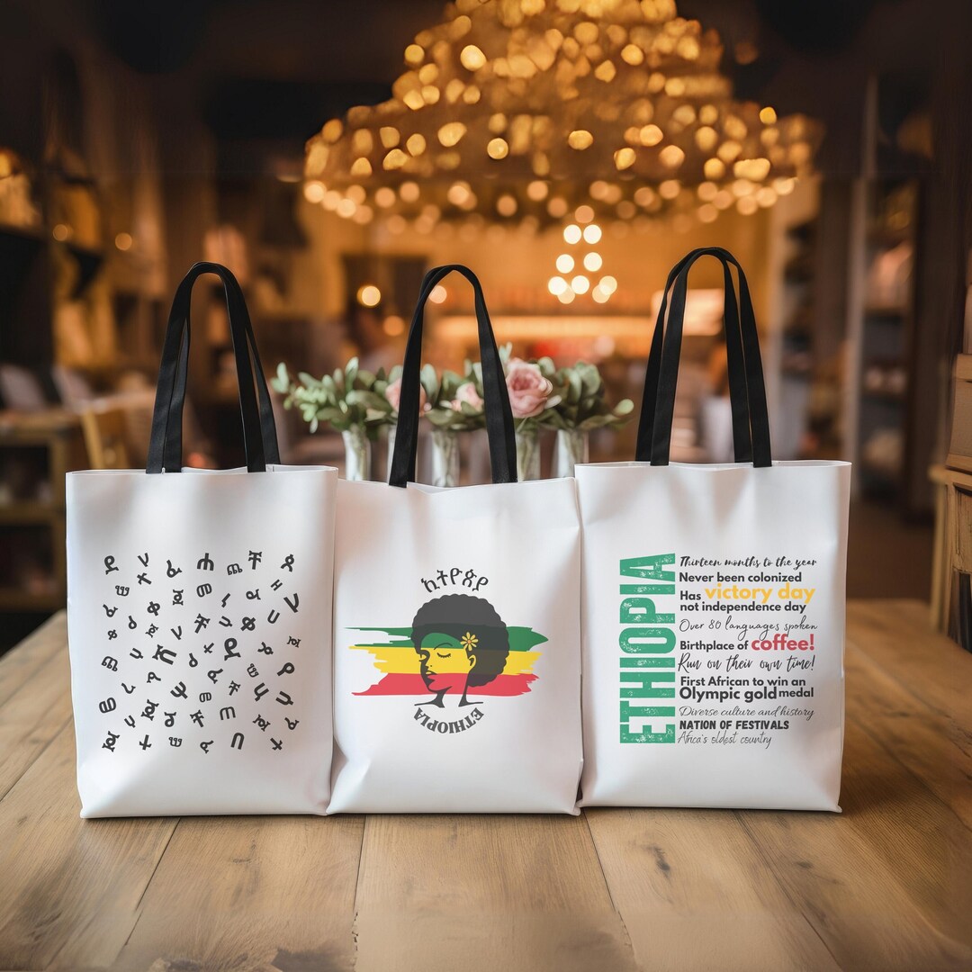 Ethiopian Flag Afro Tote Bag, Ethiopian Geez Alphabet Tote Bag, Tote