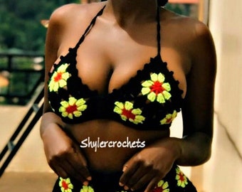 haut de bikini crocheté à fleurs