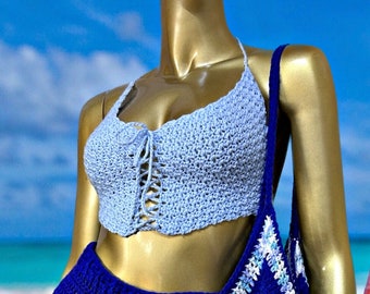 Diamond crochet lace up summer crop top