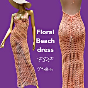 Crochet floral lace mesh beach cover up dress