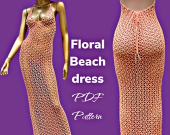 Crochet floral lace mesh beach cover up dress