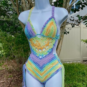 Womens Monokini Swimwear Rainbow Leotard Bodysuit Sheer Mesh One