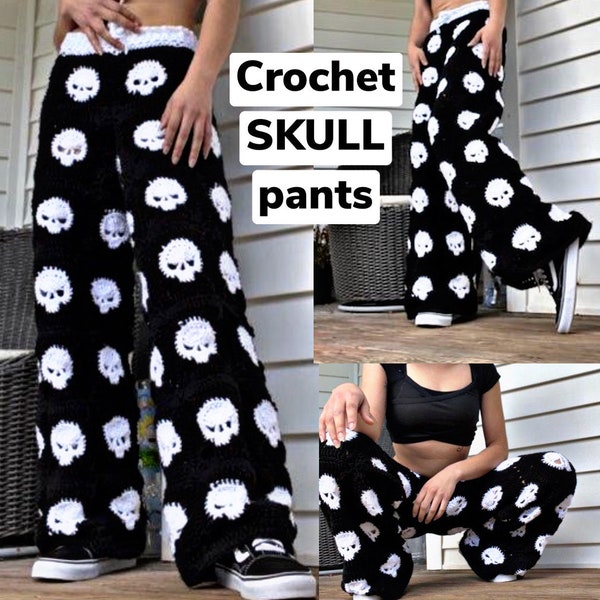 pantalons / shorts tête de mort au crochet | pantalons/shorts d'halloween au crochet | Pantalon/short carré grand-mère au crochet