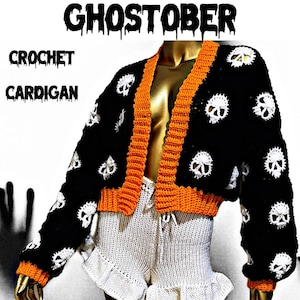ゴーストバーかぎ針編みカーディガン、ハロウィンかぎ針編みカーディガン、不気味なかぎ針編みセーター、かぎ針編みスカルカーディガン