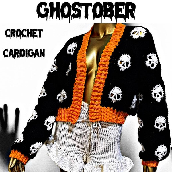 Ghostober crochet cardigan, Halloween crochet cardigan, spooky crochet sweater