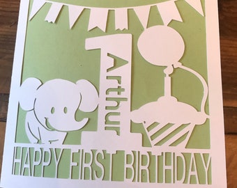 Personalised Papercut 1st Birthday Card Baby Boy Girl 1 year old