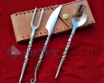 BBQ Cutlery Set | Camping cutlery | Hand forged | Medieval | with bag | gift set | HFTC07x