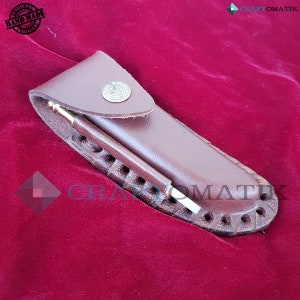 Laguiole Pocket Knife + Sharpener + Corkscrew + Leather Knife Case - Damask Steel - Buffalo Horn - Medieval Style | FK23 image 5