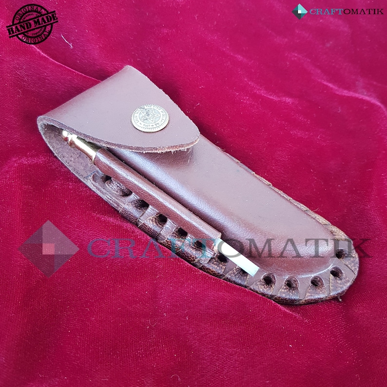 Laguiole Pocket Knife + Sharpener + Corkscrew + Leather Knife Case - Damask Steel - Buffalo Horn - Medieval Style | FK23 image 5
