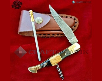 Laguiole | Pocket knife with knife sharpener Corkscrew leather knife case | German flag | Jackknife | Damask knife | FK24