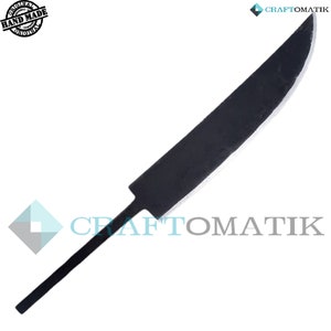May include: A black, hand-made knife blade with a curved edge. The blade has a long, narrow tang for the handle. The image includes the text "ORIGINAL HAND MADE".