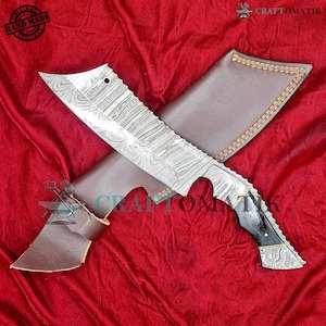 Damascus Steel Cleaver | Kitchen Chef Cleaver | Handmade Butcher Meat Cleaver | Olive Wood Grip | KC08