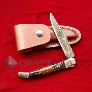 Coltellino tascabile | Stile Laguiole | Coltello pieghevole con custodia in pelle | Coltello pieghevole | Coltello di Damasco | FK25