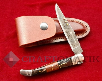 Pocket knife | Laguiole style | Folding knife with leather knife case | Jackknife | Damask knife | FK25