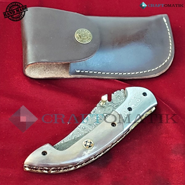 Pocket knife Elite + leather knife case | Handmade folding knife | Damask steel - hunting | FK27