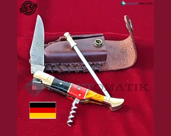 Laguiole | Taschenmesser mit Messerschärfer Korkenzieher Leder Messeretui | Deutsche Flagge | Klappmesser | Damastmesser |  FK26