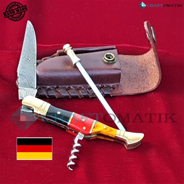 Laguiole | Pocket knife with knife sharpener Corkscrew leather knife case | German flag | Jackknife | Damask knife | FK26