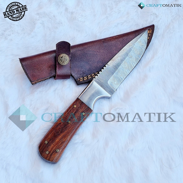 Damast-Stahl Jagdmesser mit Tasche | Damaszener Klinge | Damascus Knife | DHK67