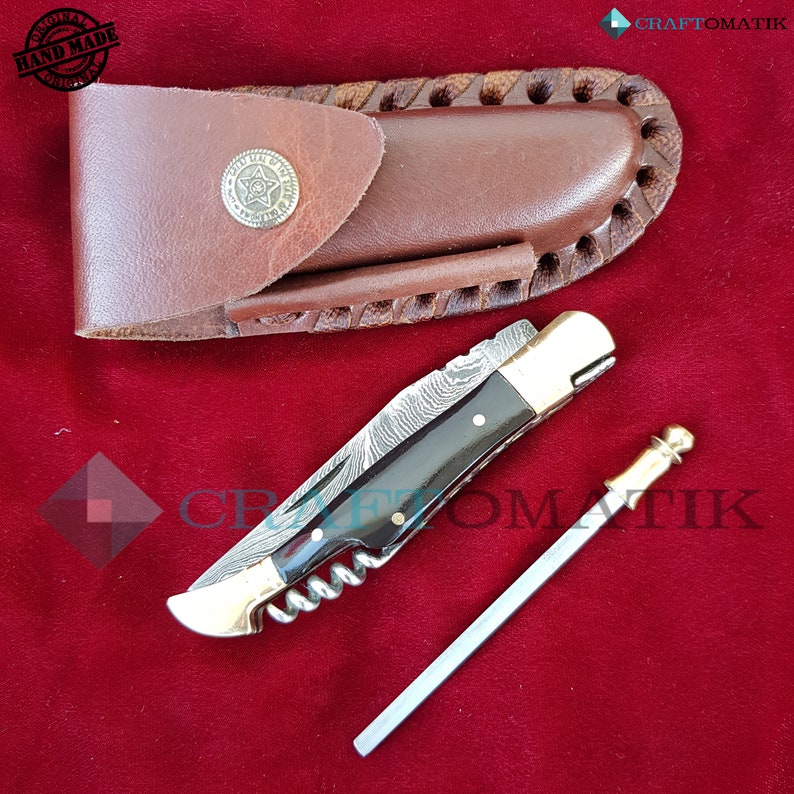 Laguiole Pocket Knife + Sharpener + Corkscrew + Leather Knife Case - Damask Steel - Buffalo Horn - Medieval Style | FK23 image 4