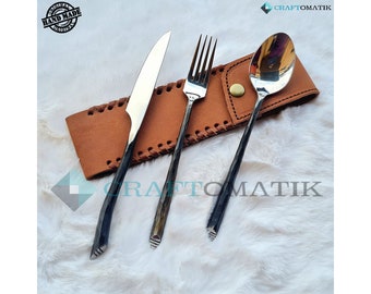 BBQ Cutlery Set | Camping cutlery | Hand forged | Medieval | with bag | gift set | HFTC04x